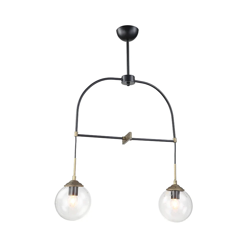 Zwarte gebogen hanglamp, 2 lampen, eigentijdse metalen plafondhanglamp met glazen kap voor café Clearhalo
