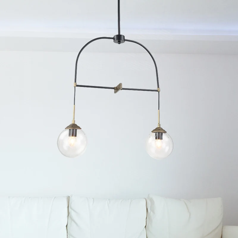 Zwarte gebogen hanglamp, 2 lampen, eigentijdse metalen plafondhanglamp met glazen kap voor café Clearhalo