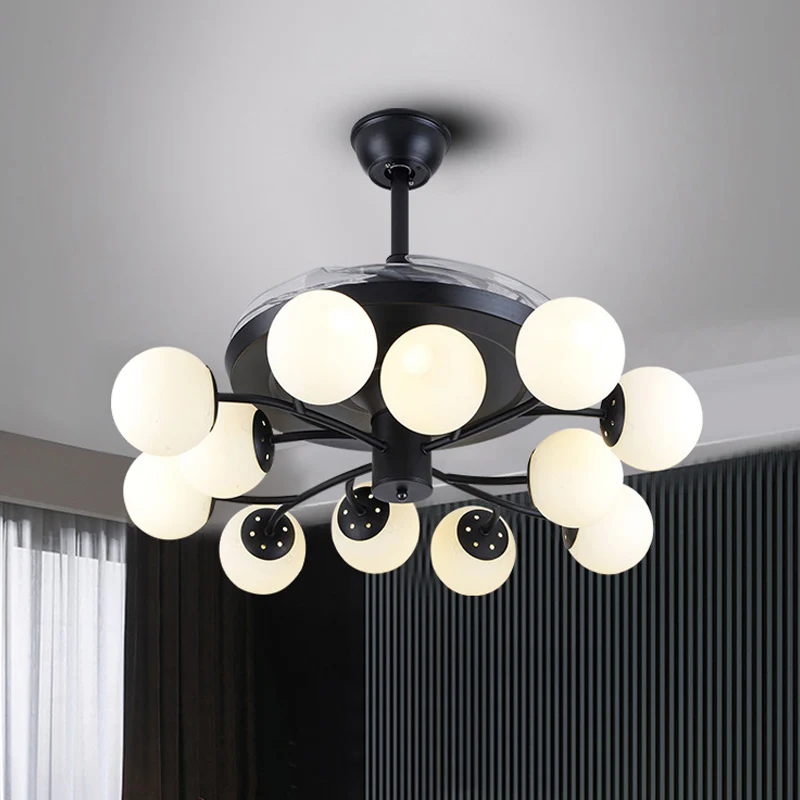 Zwarte Globe hangende ventilatorlamp eigentijds 42" breed 12 lichts opaalglas semi-inbouwlamp Clearhalo