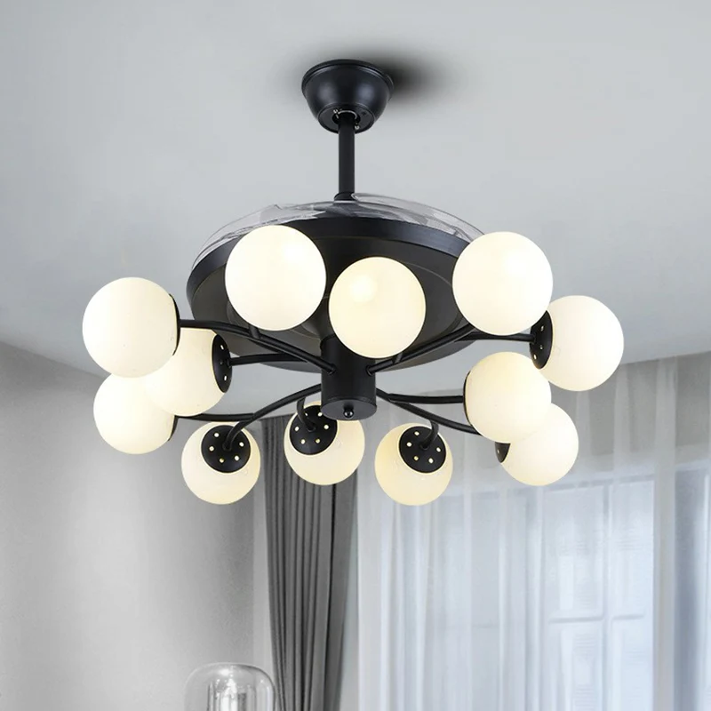 Zwarte Globe hangende ventilatorlamp eigentijds 42" breed 12 lichts opaalglas semi-inbouwlamp Clearhalo