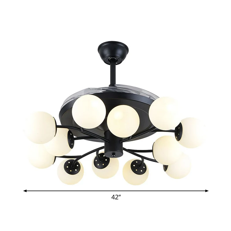 Zwarte Globe hangende ventilatorlamp eigentijds 42" breed 12 lichts opaalglas semi-inbouwlamp Clearhalo