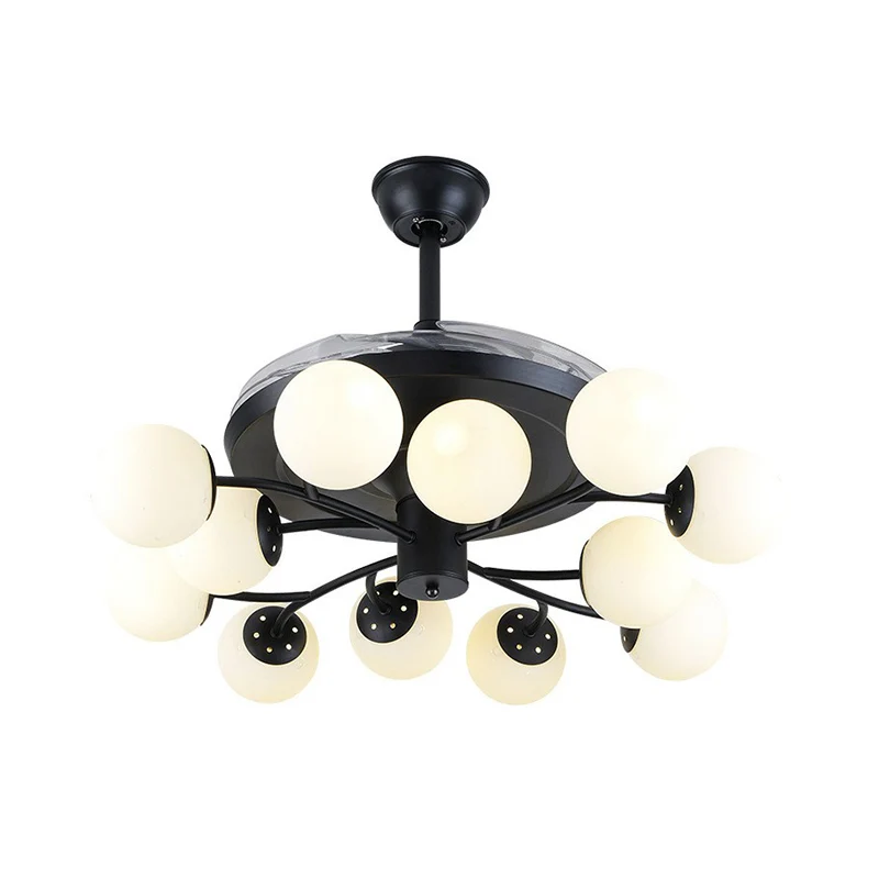 Zwarte Globe hangende ventilatorlamp eigentijds 42" breed 12 lichts opaalglas semi-inbouwlamp Clearhalo