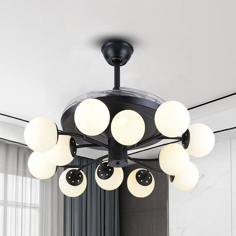Zwarte Globe hangende ventilatorlamp eigentijds 42" breed 12 lichts opaalglas semi-inbouwlamp Clearhalo