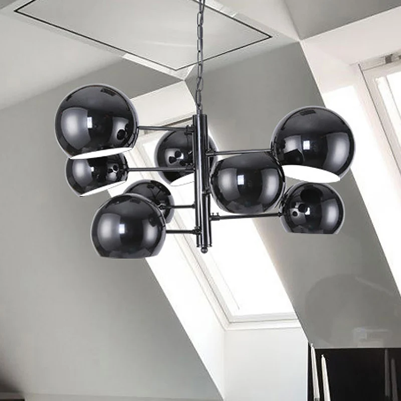 Zwarte Globe Kroonluchter Eenvoudige 8-lichts ijzeren LED-hanglamp met ophangstang voor kantoor Clearhalo