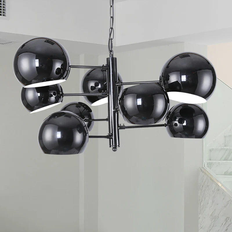 Zwarte Globe Kroonluchter Eenvoudige 8-lichts ijzeren LED-hanglamp met ophangstang voor kantoor Clearhalo