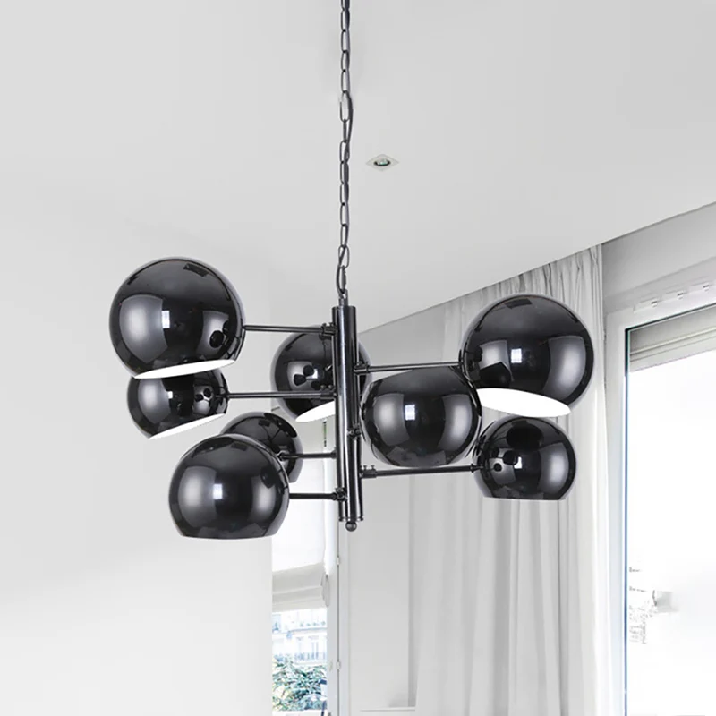 Zwarte Globe Kroonluchter Eenvoudige 8-lichts ijzeren LED-hanglamp met ophangstang voor kantoor Clearhalo