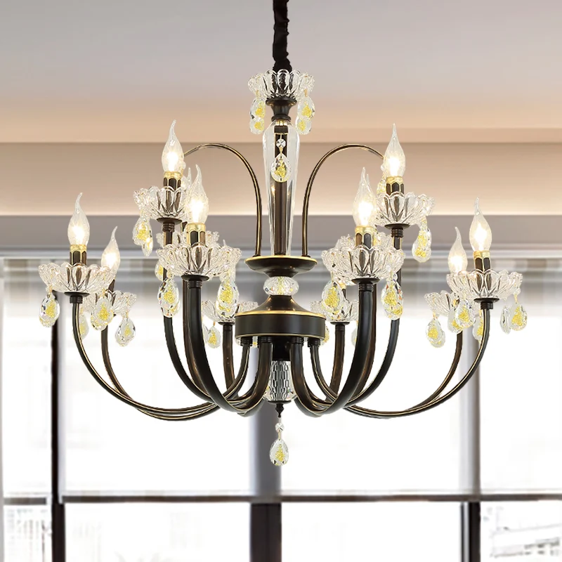 Zwarte kaars kroonluchterlamp rustiek metaal 12/15 lampen woonkamer hanglamp met kristallen accent Clearhalo