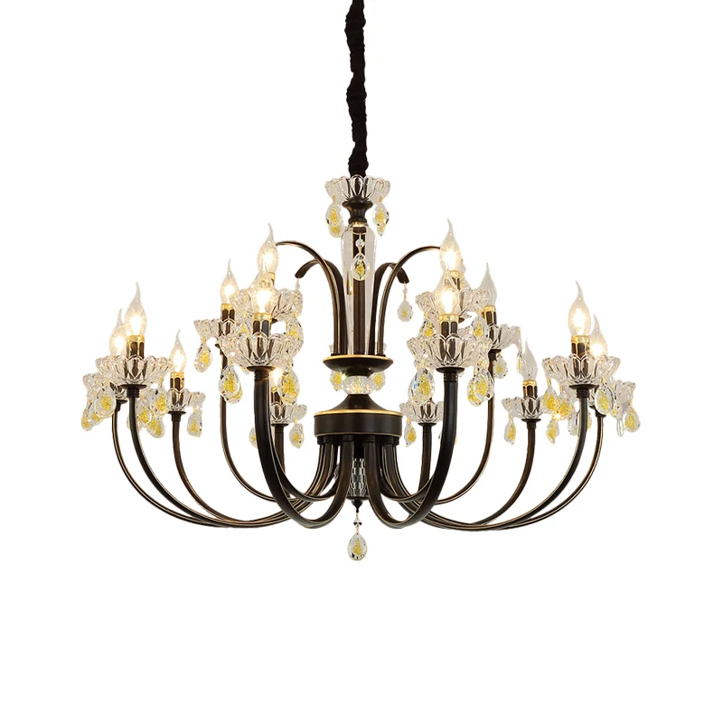 Zwarte kaars kroonluchterlamp rustiek metaal 12/15 lampen woonkamer hanglamp met kristallen accent Clearhalo