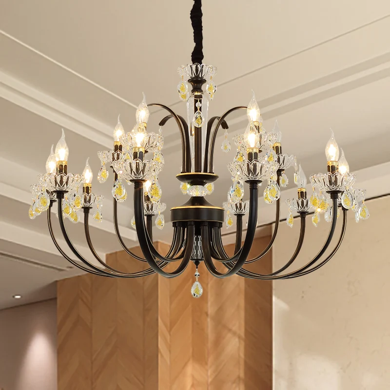 Zwarte kaars kroonluchterlamp rustiek metaal 12/15 lampen woonkamer hanglamp met kristallen accent Clearhalo