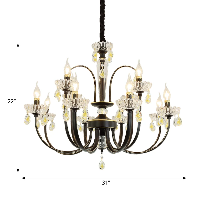 Zwarte kaars kroonluchterlamp rustiek metaal 12/15 lampen woonkamer hanglamp met kristallen accent Clearhalo