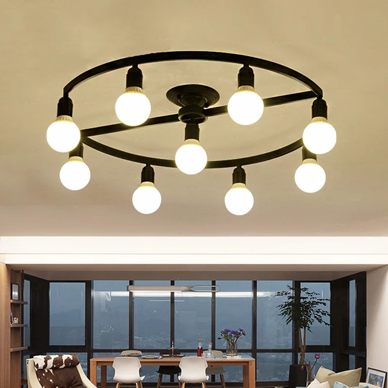 Zwarte kale lamp, semi-inbouw, klassiek metaal, 7/9 lampen, woonkamer plafondlamp Clearhalo