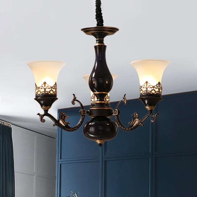 Zwarte klokvormige plafondophanglamp platteland matglas 3/5/6 hoofden woonkamer kroonluchter verlichting Clearhalo