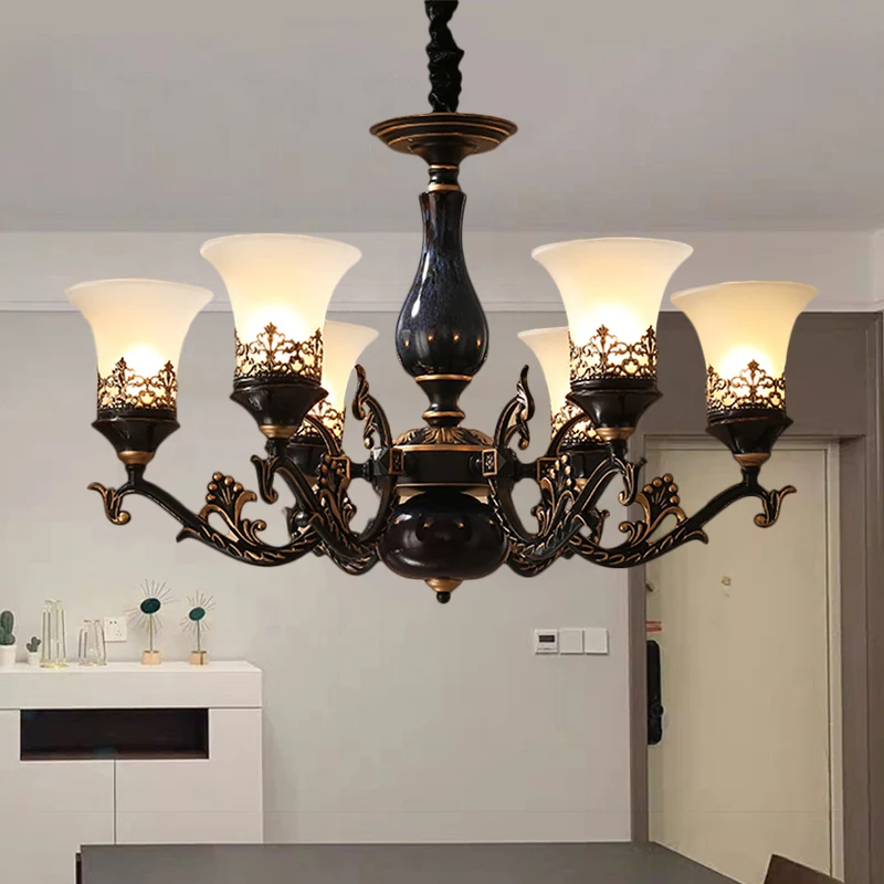 Zwarte klokvormige plafondophanglamp platteland matglas 3/5/6 hoofden woonkamer kroonluchter verlichting Clearhalo