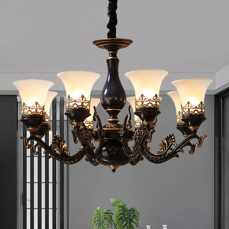 Zwarte klokvormige plafondophanglamp platteland matglas 3/5/6 hoofden woonkamer kroonluchter verlichting Clearhalo