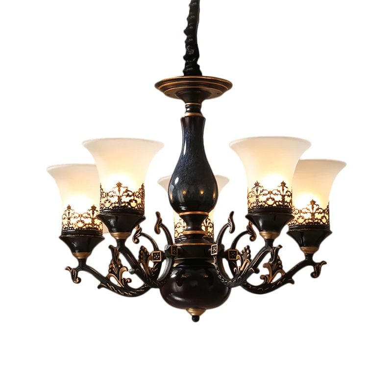 Zwarte klokvormige plafondophanglamp platteland matglas 3/5/6 hoofden woonkamer kroonluchter verlichting Clearhalo