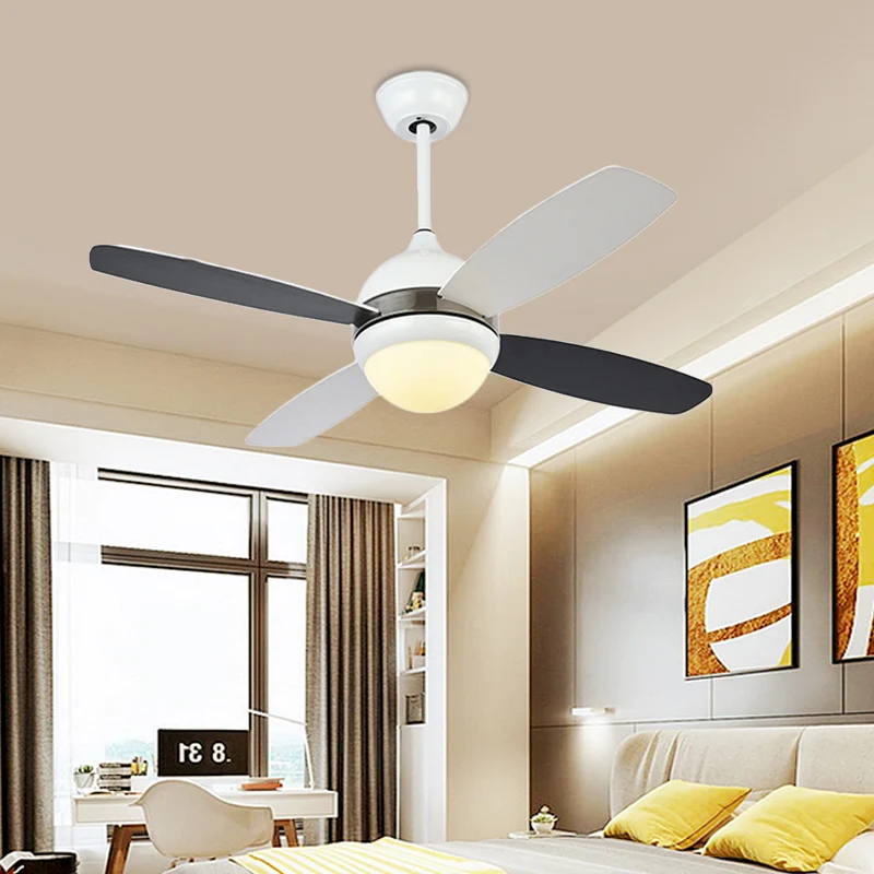 42" W zwarte koepel plafondventilatorlamp moderne metalen slaapkamer LED semi-inbouwlamp met acrylkap, 4 bladen Clearhalo