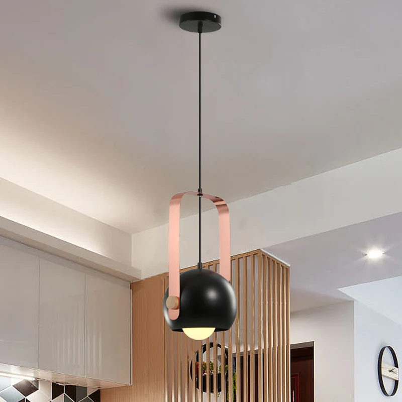 Zwarte koepelvormige plafondhanglamp moderne Scandinavische stijl 1-kops metalen hanglampset met roze handvat Clearhalo