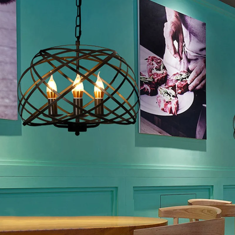 Zwarte kroonluchter met 3 lampen, landelijke metalen gekooide hanglamp voor eetkamer Clearhalo