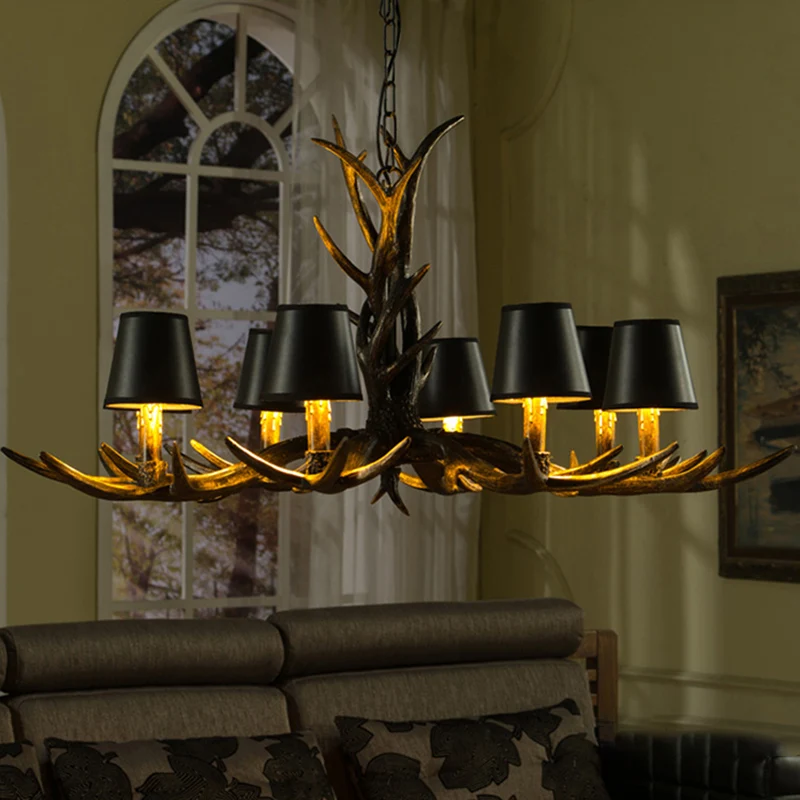 Zwarte kroonluchter met 6/8 lampen, rustieke hanglamp van harskegel met gewei voor de woonkamer Clearhalo