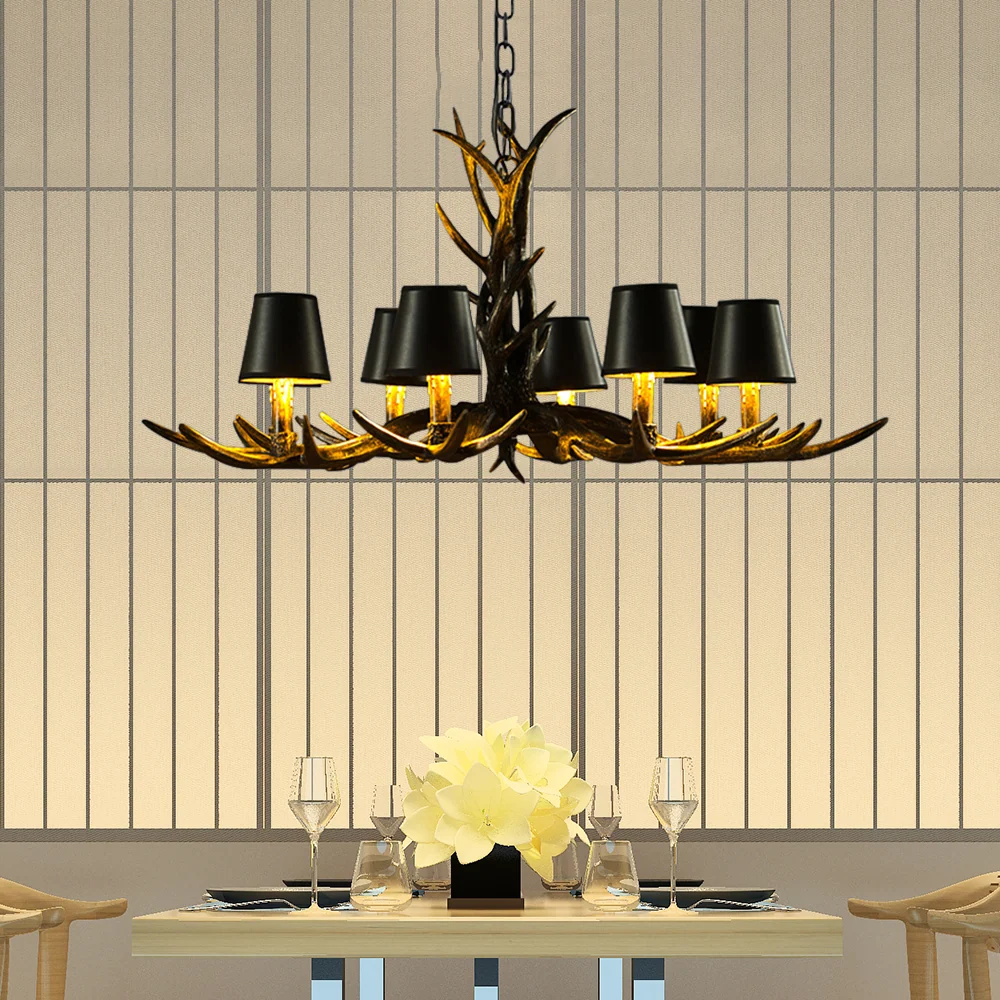 Zwarte kroonluchter met 6/8 lampen, rustieke hanglamp van harskegel met gewei voor de woonkamer Clearhalo