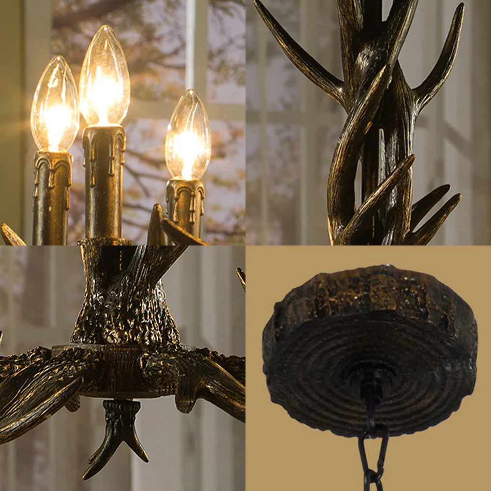 Zwarte kroonluchter met 6/8 lampen, rustieke hanglamp van harskegel met gewei voor de woonkamer Clearhalo