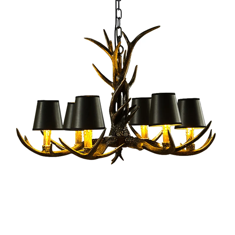 Zwarte kroonluchter met 6/8 lampen, rustieke hanglamp van harskegel met gewei voor de woonkamer Clearhalo