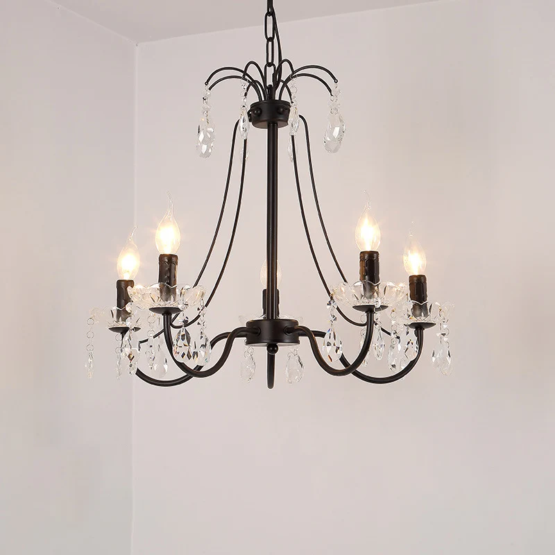 Zwarte kroonluchterverlichting Retro metalen hanglamp met zwevende arm en vallend kristal Clearhalo