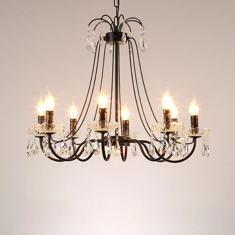 Zwarte kroonluchterverlichting Retro metalen hanglamp met zwevende arm en vallend kristal Clearhalo