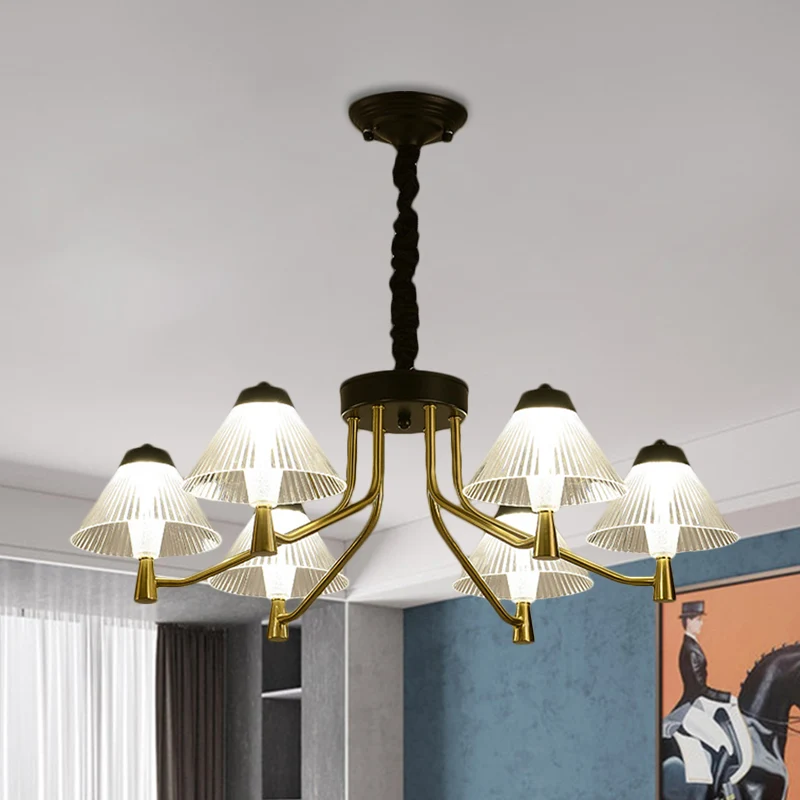 Zwarte LED conische neerwaartse verlichting Eenvoudige geribbelde glazen kroonluchterlamp voor slaapkamer Clearhalo