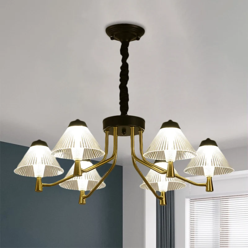 Zwarte LED conische neerwaartse verlichting Eenvoudige geribbelde glazen kroonluchterlamp voor slaapkamer Clearhalo