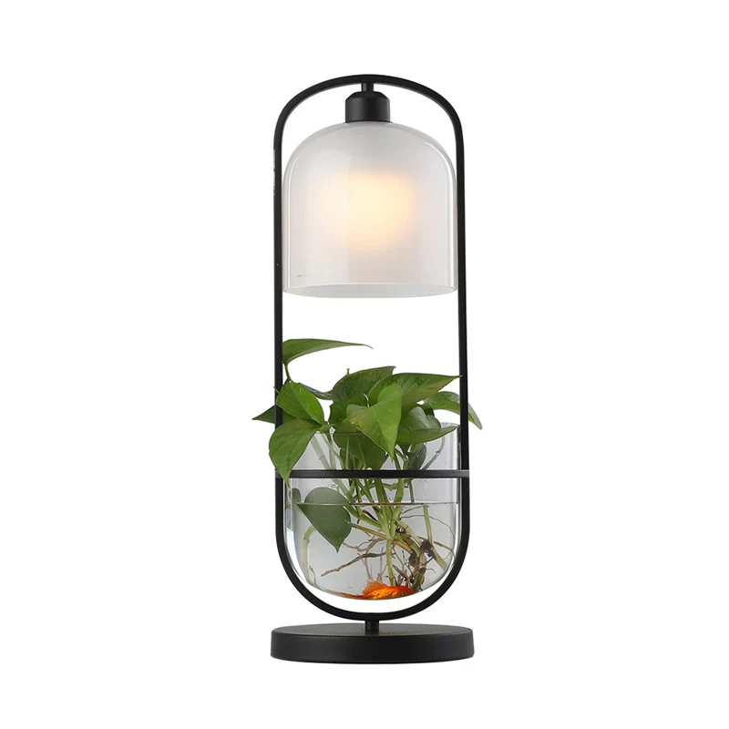 Zwarte ovale nachttafellamp, industriële metalen LED-woonkamer-nachtkastjelamp met plantencontainer Clearhalo