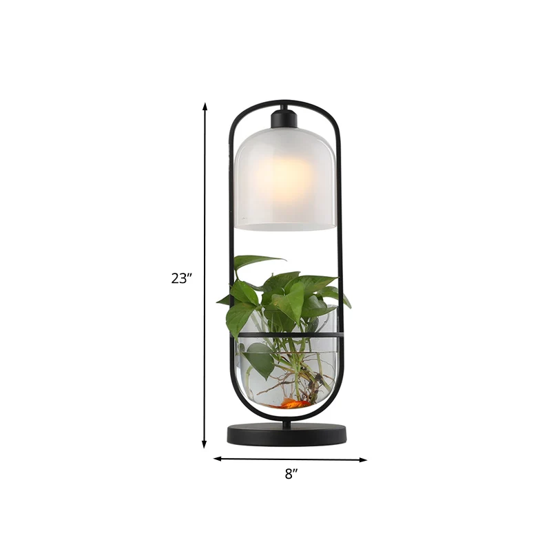 Zwarte ovale nachttafellamp, industriële metalen LED-woonkamer-nachtkastjelamp met plantencontainer Clearhalo