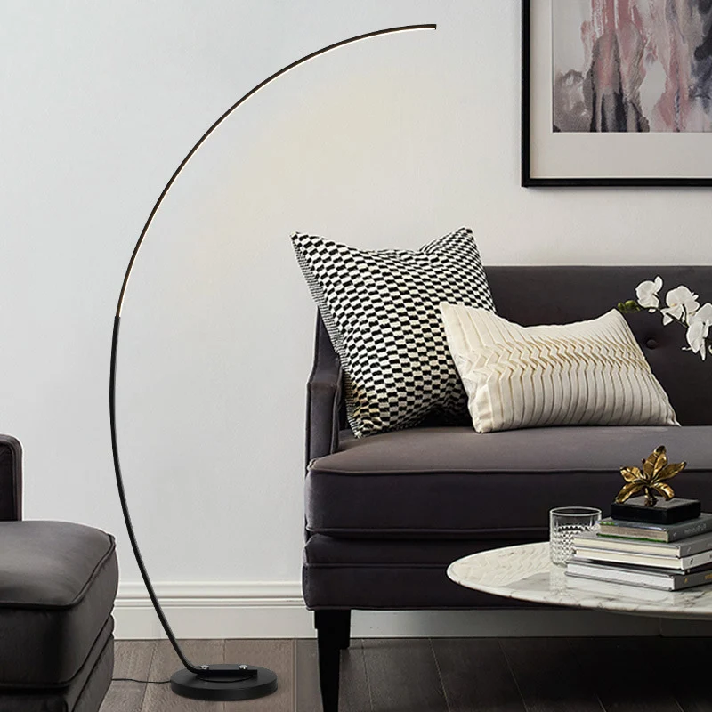 Zwarte overgebogen vloerleeslamp Nordic LED-metalen staande lamp voor woonkamer Clearhalo