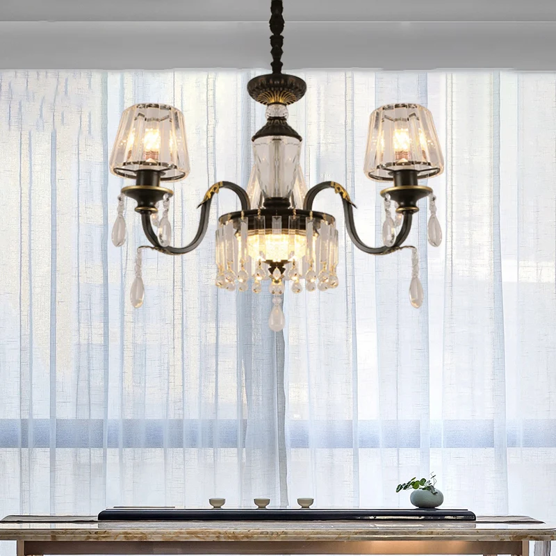 Zwarte plafondkroonluchter met 3/8 lampen, eenvoud, hangende hanglamp met helder kristalglas en kegel Clearhalo