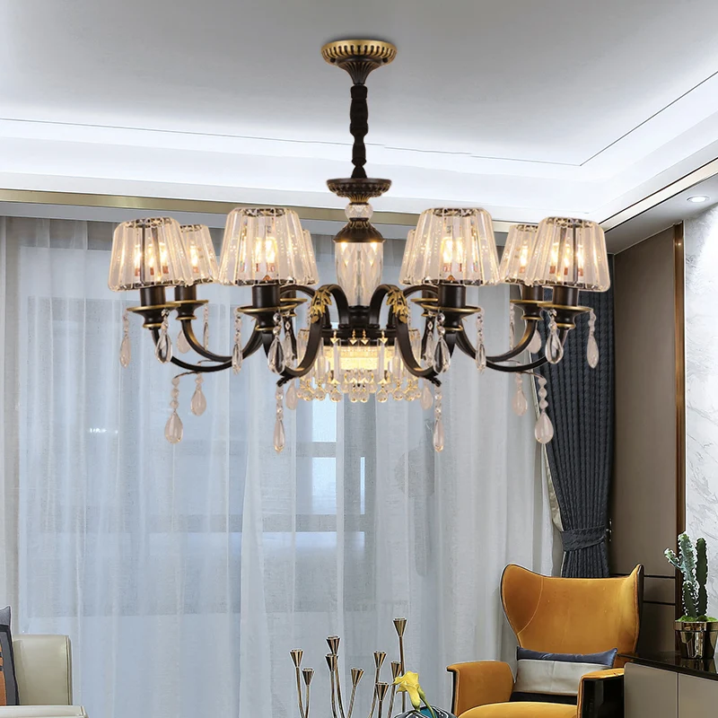 Zwarte plafondkroonluchter met 3/8 lampen, eenvoud, hangende hanglamp met helder kristalglas en kegel Clearhalo