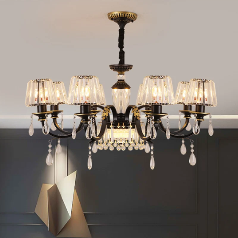 Zwarte plafondkroonluchter met 3/8 lampen, eenvoud, hangende hanglamp met helder kristalglas en kegel Clearhalo