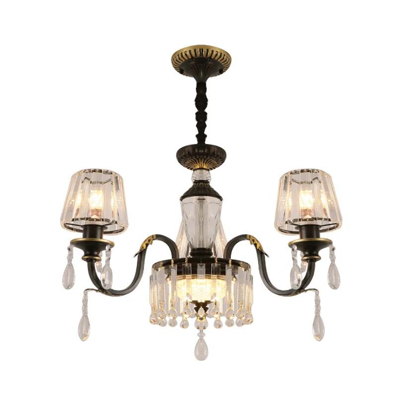 Zwarte plafondkroonluchter met 3/8 lampen, eenvoud, hangende hanglamp met helder kristalglas en kegel Clearhalo