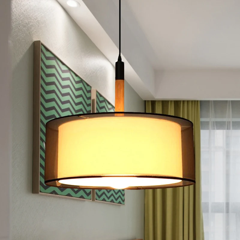 Zwarte ronde hanglamp met dubbele kap, modernisme, stoffen ophanglamp met 1 kop en houten handgreep Clearhalo