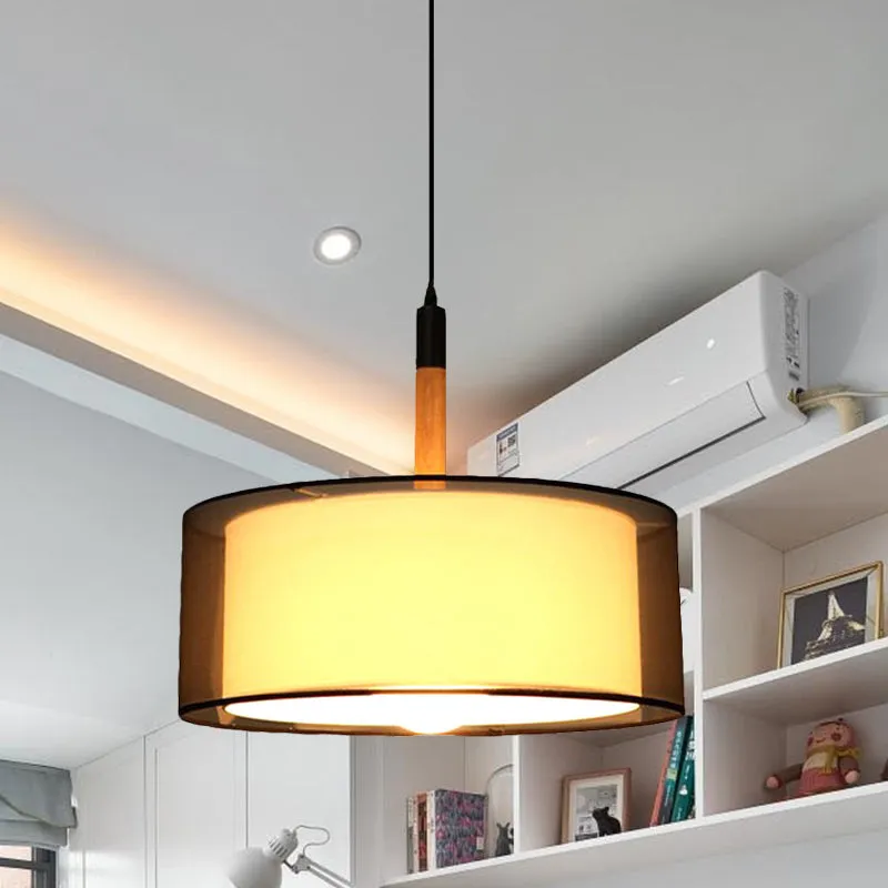 Zwarte ronde hanglamp met dubbele kap, modernisme, stoffen ophanglamp met 1 kop en houten handgreep Clearhalo