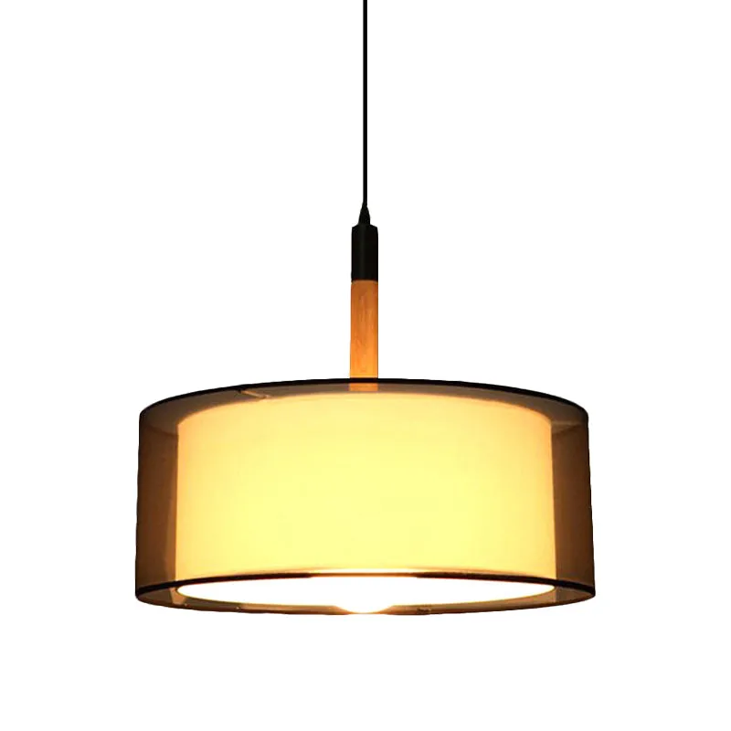 Zwarte ronde hanglamp met dubbele kap, modernisme, stoffen ophanglamp met 1 kop en houten handgreep Clearhalo