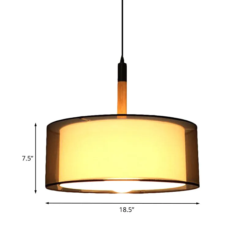 Zwarte ronde hanglamp met dubbele kap, modernisme, stoffen ophanglamp met 1 kop en houten handgreep Clearhalo
