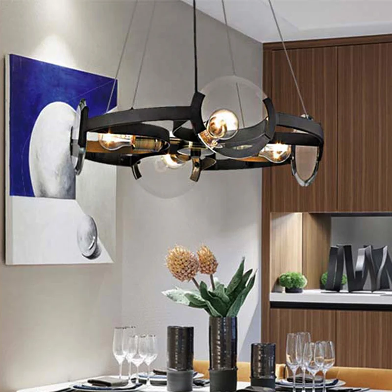 Zwarte ronde kroonluchter hangende moderne metalen 4-lichts plafondlamp met zichtbaar lampontwerp Clearhalo