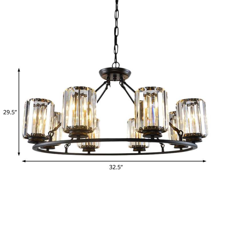 Zwarte ronde plafondkroonluchter, hedendaagse kristallen 4/6/8-lichts hanglamp met verstelbare ketting Clearhalo