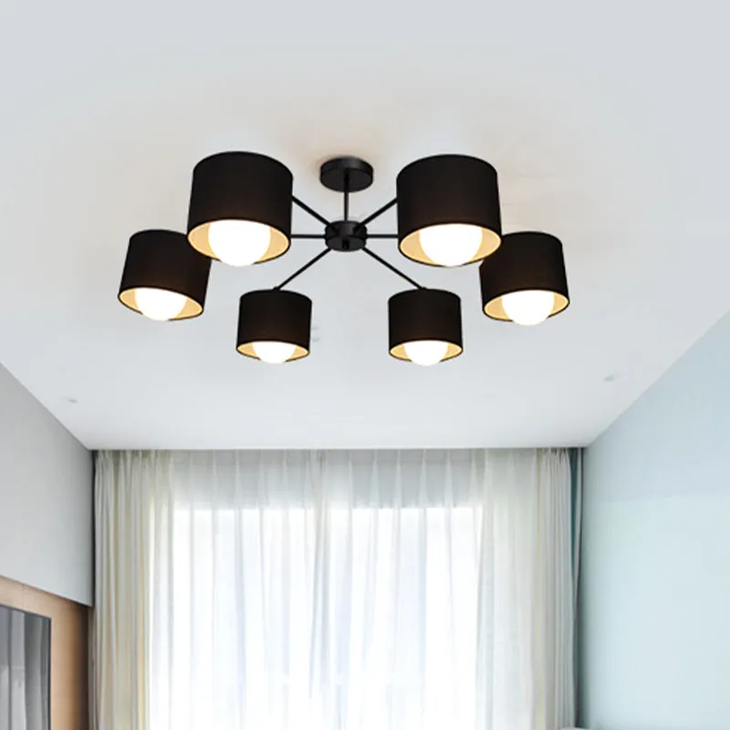 Zwarte ronde semi-inbouw plafondlamp moderne 3/6 lampen stoffen inbouw kroonluchter voor zitkamer Clearhalo