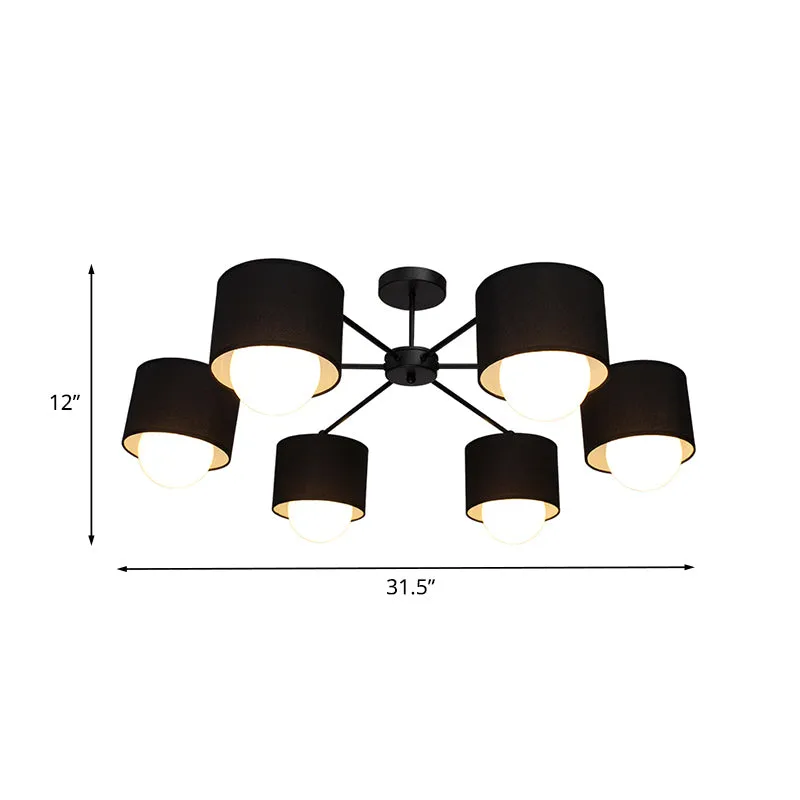 Zwarte ronde semi-inbouw plafondlamp moderne 3/6 lampen stoffen inbouw kroonluchter voor zitkamer Clearhalo