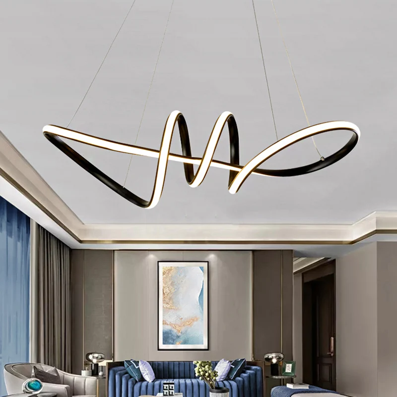 Zwarte spiraalvormige kroonluchter, minimalistische acryl LED-hanglampset voor eetkamer Clearhalo