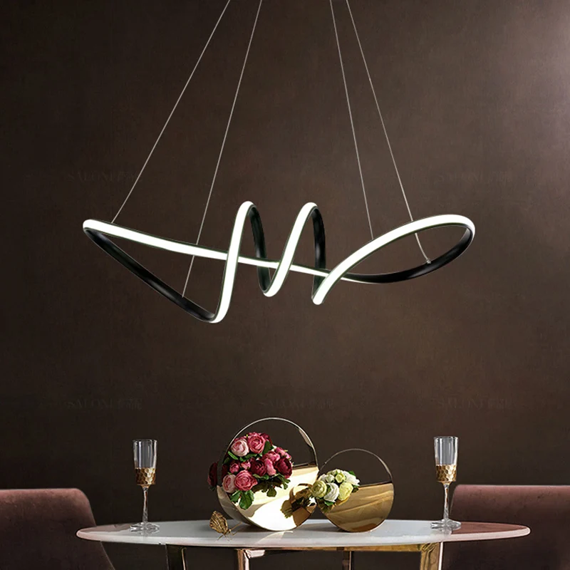 Zwarte spiraalvormige kroonluchter, minimalistische acryl LED-hanglampset voor eetkamer Clearhalo