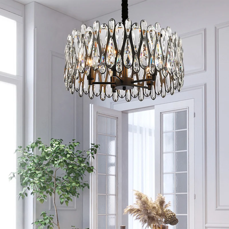 Zwarte trommelvormige hanglamp, moderne kristallen druppelvormige eetkamerkroonluchter met 6 lampen Clearhalo