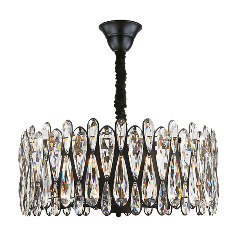 Zwarte trommelvormige hanglamp, moderne kristallen druppelvormige eetkamerkroonluchter met 6 lampen Clearhalo