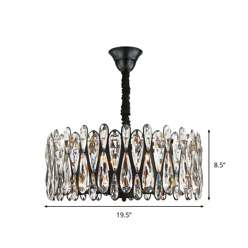 Zwarte trommelvormige hanglamp, moderne kristallen druppelvormige eetkamerkroonluchter met 6 lampen Clearhalo